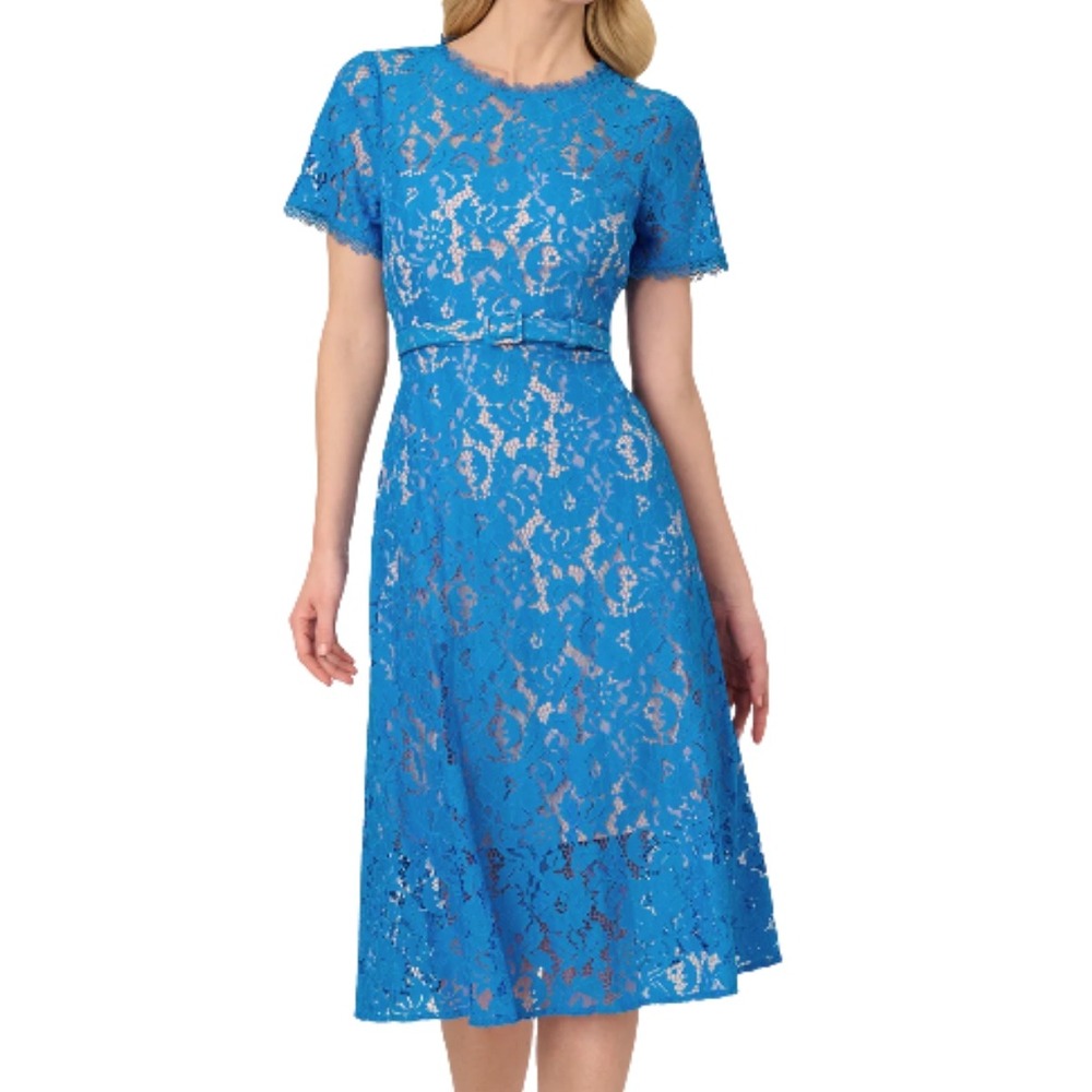 Adrianna Papell Women Blue Wave Lace Soft Skirt Midi Dress AP1D105764 Size 4